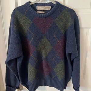 Vintage Christopher Hayes Irish Shetland Wool Argyle Sweater Navy/Olive Large